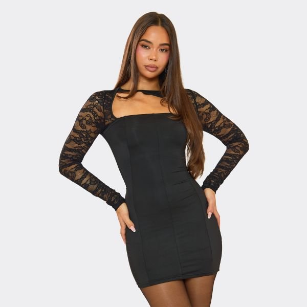EGO Long Sleeve Lace Cut Out Detail Mini Dress In Black, Women's Size UK Large L - 1