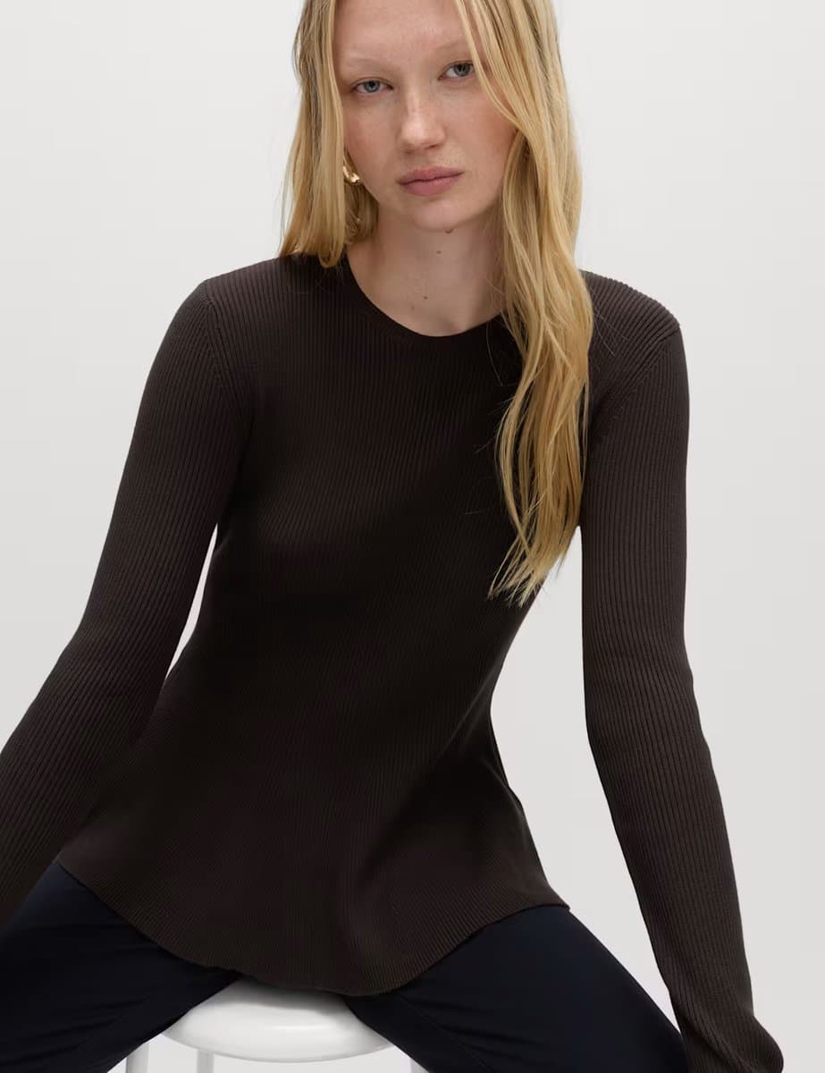 Marks & Spencer M&S Ribbed Peplum Slim Fit Knitted Top Bitter Chocolate