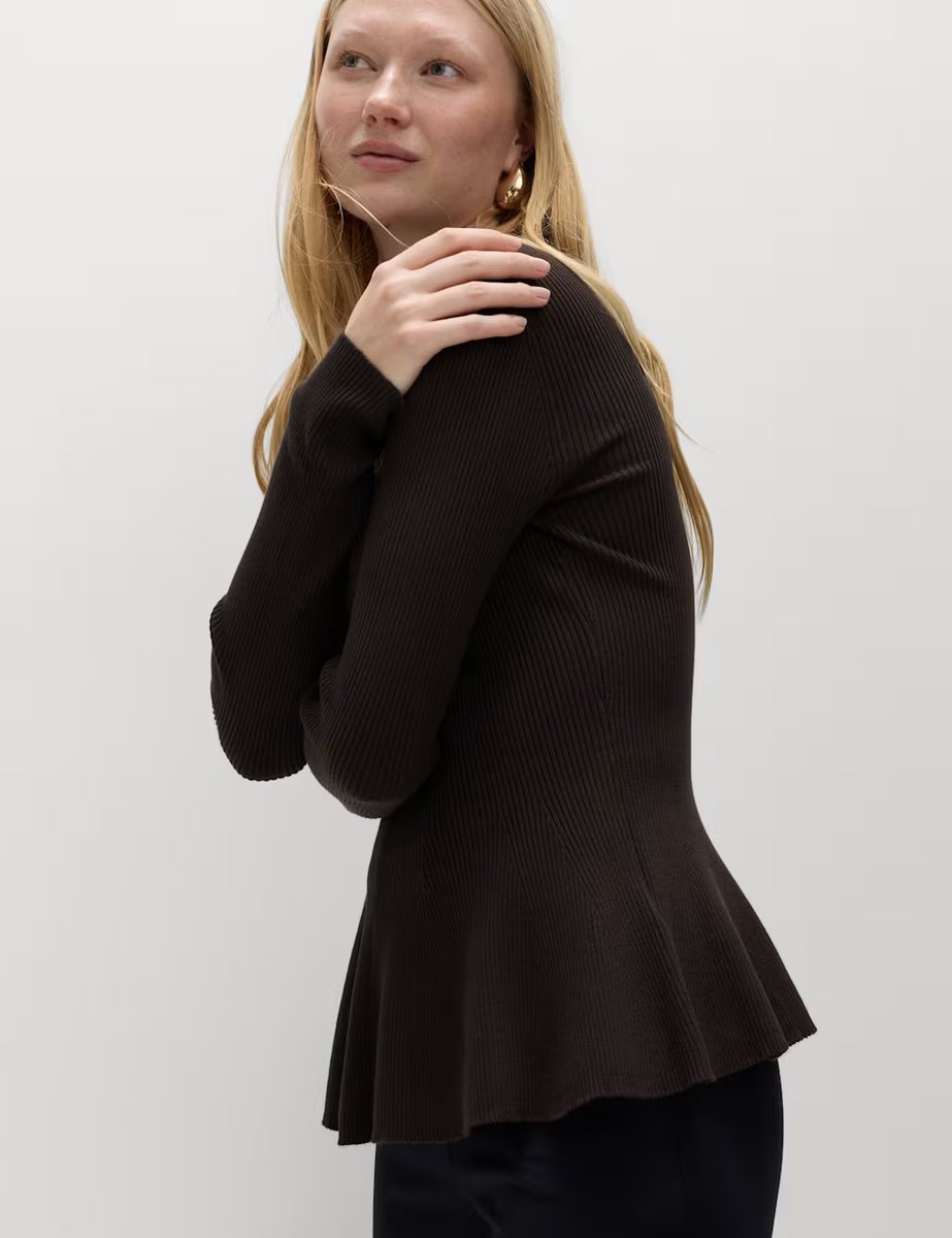 Marks & Spencer M&S Ribbed Peplum Slim Fit Knitted Top Bitter Chocolate - 2