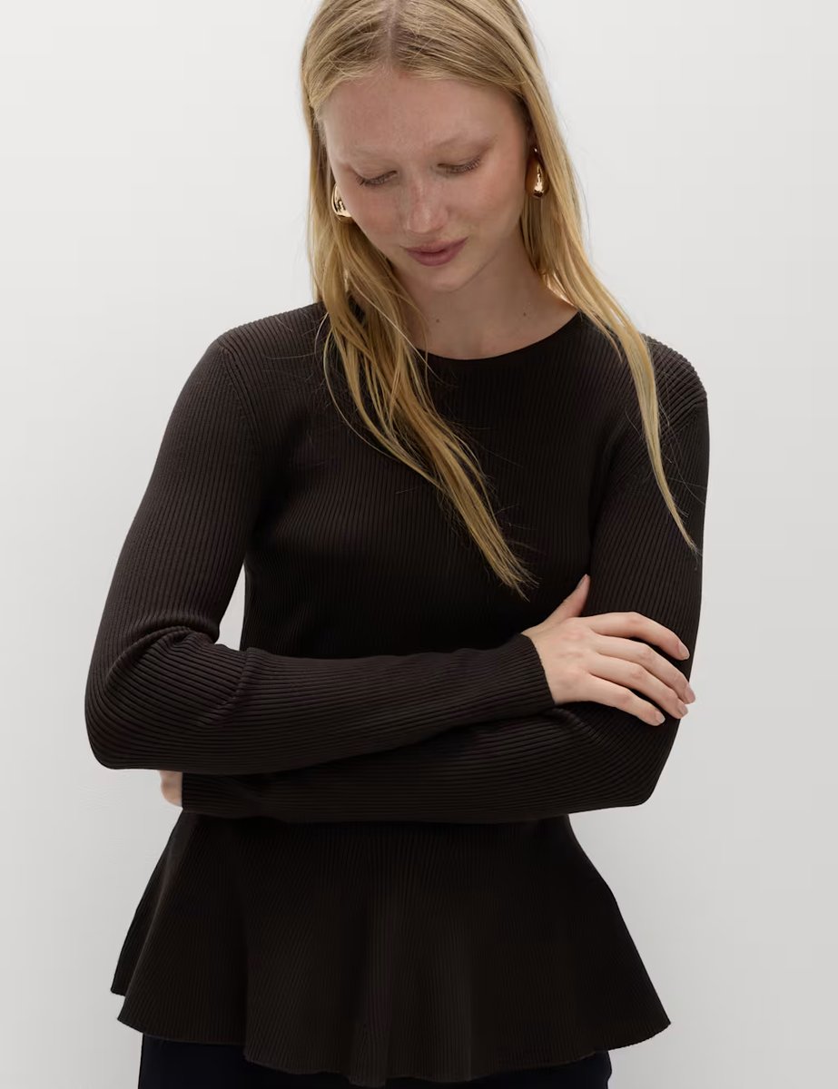 Marks & Spencer M&S Ribbed Peplum Slim Fit Knitted Top Bitter Chocolate - 3