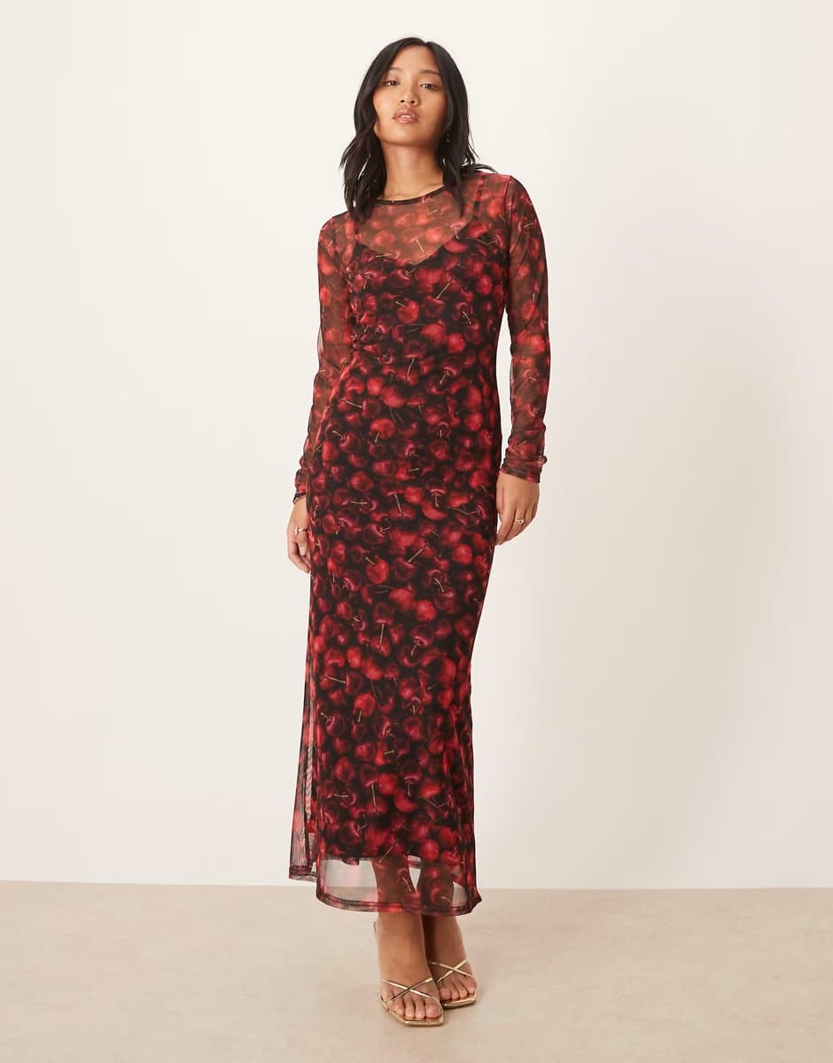ASOS Never Fully Dressed Petite mesh maxi dress in red cherry print