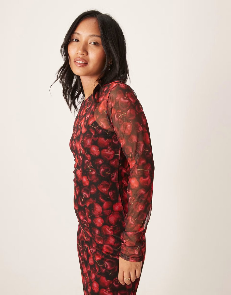 ASOS Never Fully Dressed Petite mesh maxi dress in red cherry print - 3