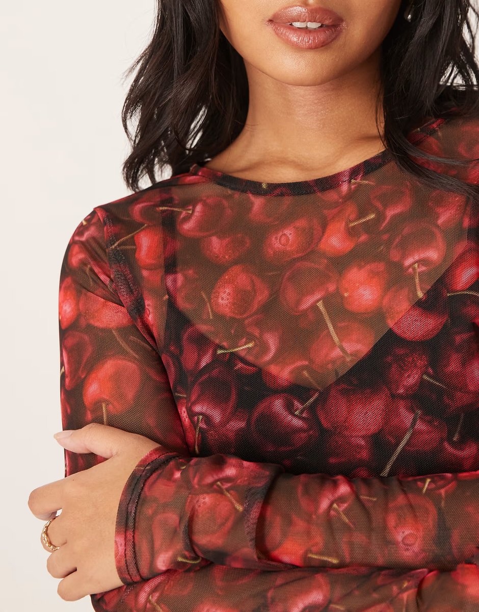 ASOS Never Fully Dressed Petite mesh maxi dress in red cherry print - 4