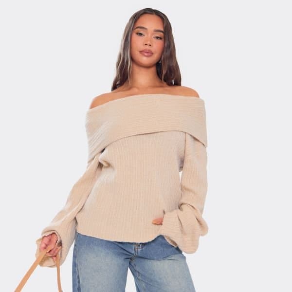 EGO Bardot Fold Over Jumper In Beige Thick Rib Knit, Women's Size UK Large L