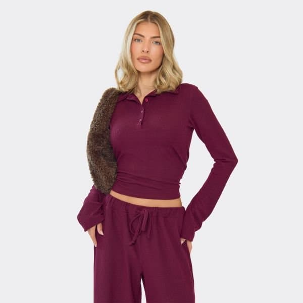 EGO EGO Burgundy Flared Sleeve Polo Top in Ribbed Knit