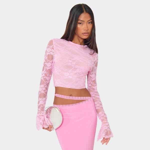 EGO EGO Pink Flared Long Sleeve Top with Lace