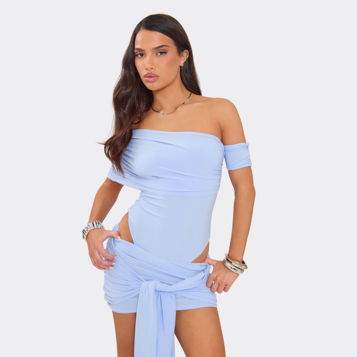 EGO Off The Shoulder Ruched Layered Bodysuit In Blue Slinky, Women's Size UK 6