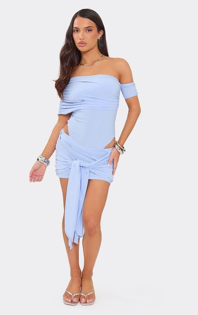 EGO Off The Shoulder Ruched Layered Bodysuit In Blue Slinky, Women's Size UK 6 - 2