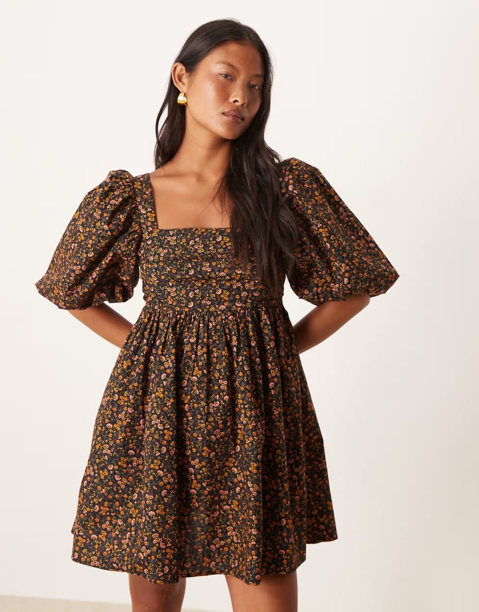 ASOS Nobody's Child Petite Nova puff sleeve mini dress in dark floral