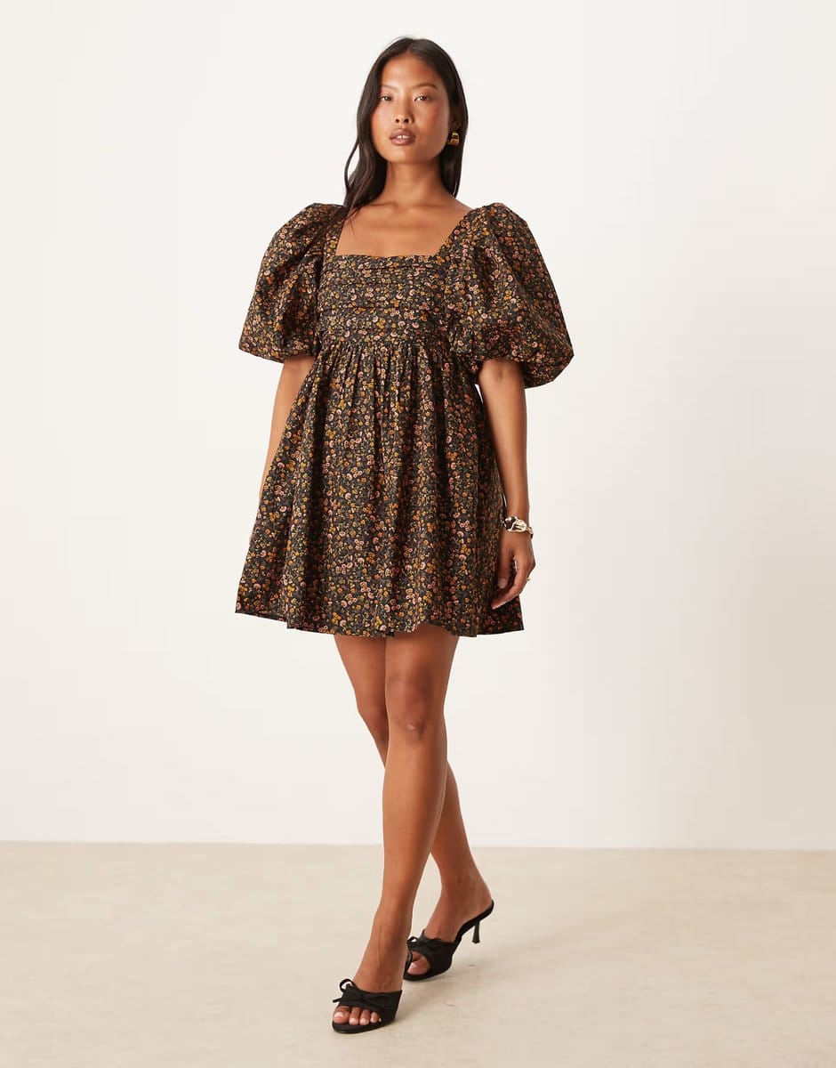ASOS Nobody's Child Petite Nova puff sleeve mini dress in dark floral - 4