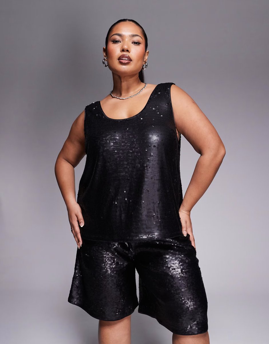 ASOS ASOS DESIGN Curve tailored longline sequin short & tailored sequin sleeveless top co-ord in black - 3