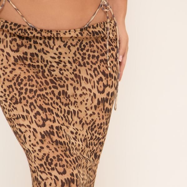 EGO Low Rise Functional Tie Detail Maxi Skirt In Leopard Print, Women's Size UK 4 - 2