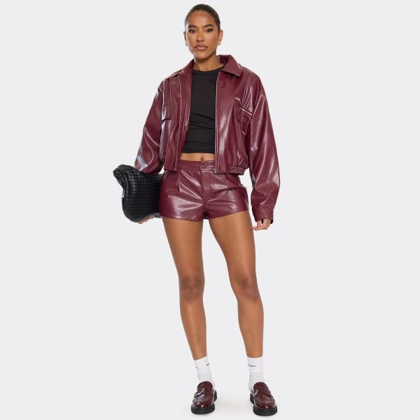 EGO Collared Oversized Bomber Jacket In Burgundy Faux Leather, Women's Size UK 6 - 2