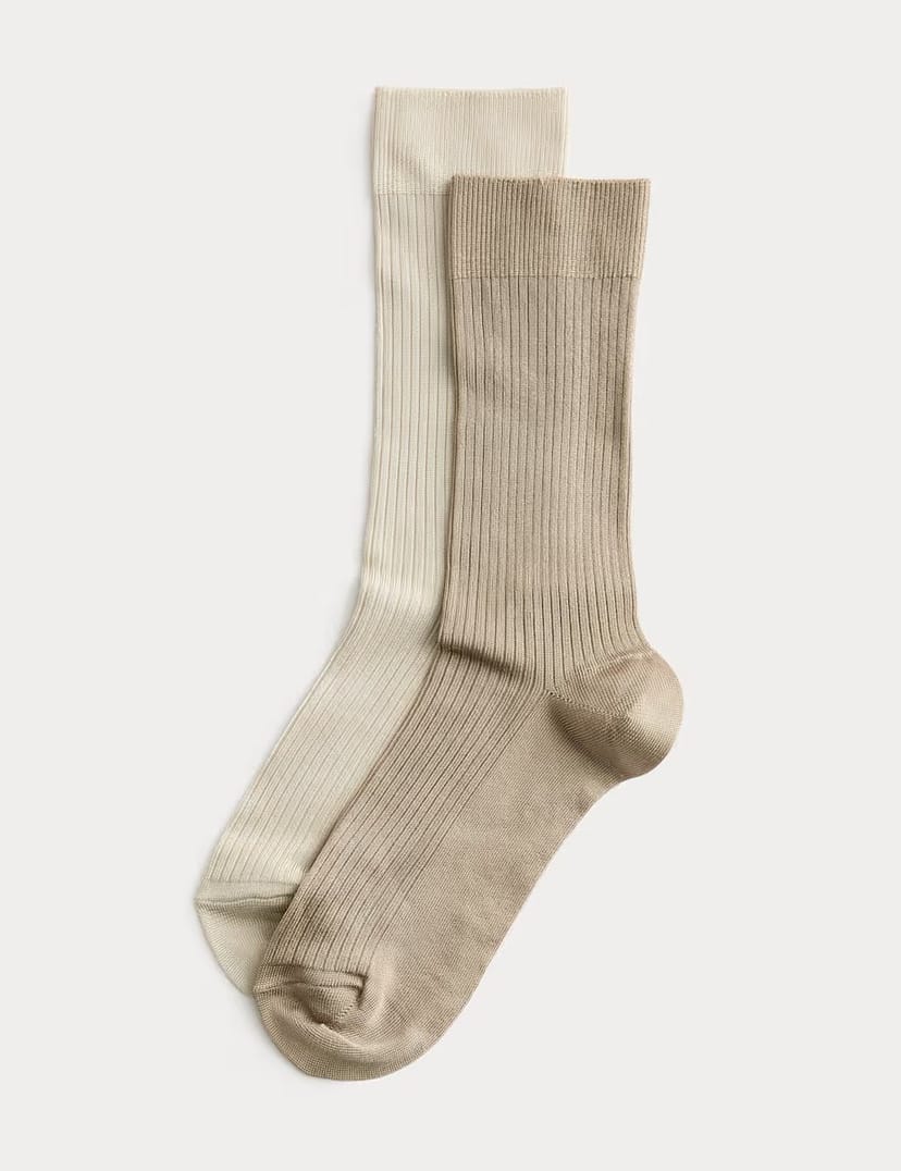 Marks & Spencer M&S 2 Pack Rayon Ribbed Ankle High Socks Natural - 1