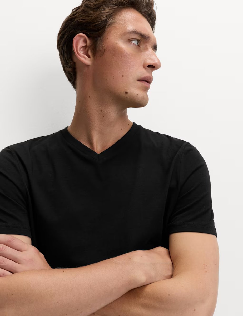 Marks & Spencer M&S Pure Cotton V Neck T-Shirt Black - 3