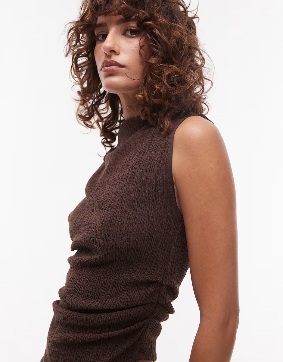 ASOS Topshop textured asymmetric ruched tank co-ord in chocolate brown - 2
