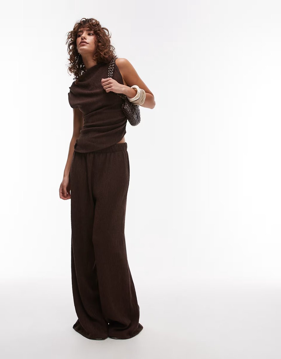 ASOS Topshop textured asymmetric ruched tank co-ord in chocolate brown - 4