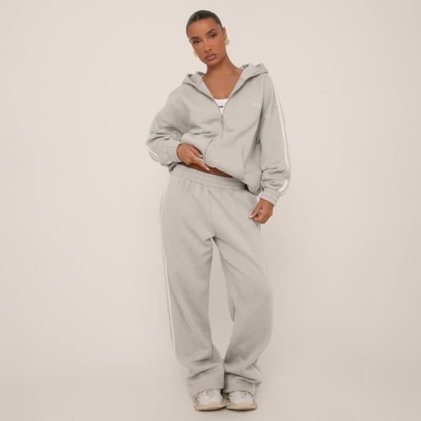 EGO Oversized Mid Rise Contrast Stripe Wide Leg Joggers In Grey, Women's Size UK 4