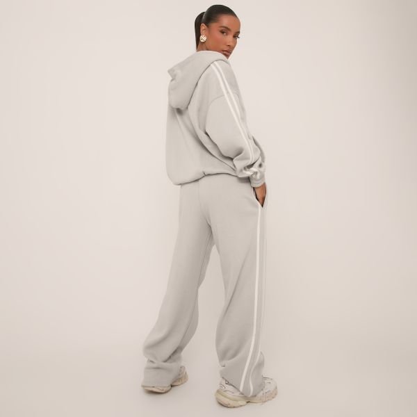 EGO Oversized Mid Rise Contrast Stripe Wide Leg Joggers In Grey, Women's Size UK 4 - 2