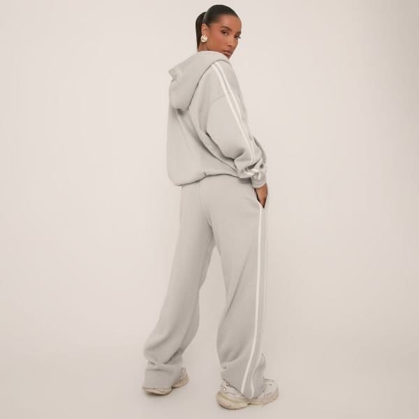 EGO Oversized Mid Rise Contrast Stripe Wide Leg Joggers In Grey, Women's Size UK 4 - 2