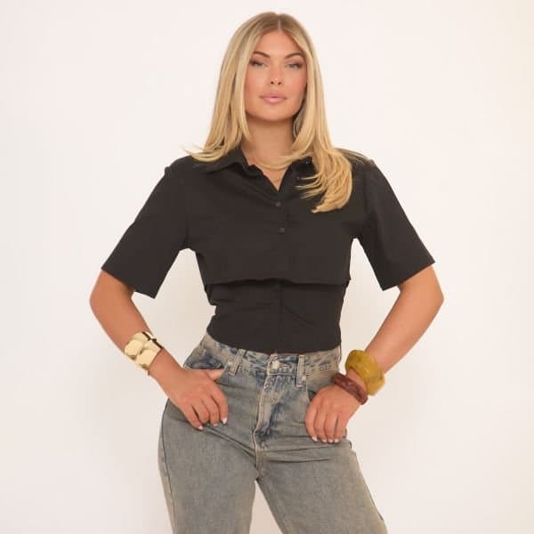 EGO Short Sleeve Fitted Waist Shirt In Black, Women's Size UK 6