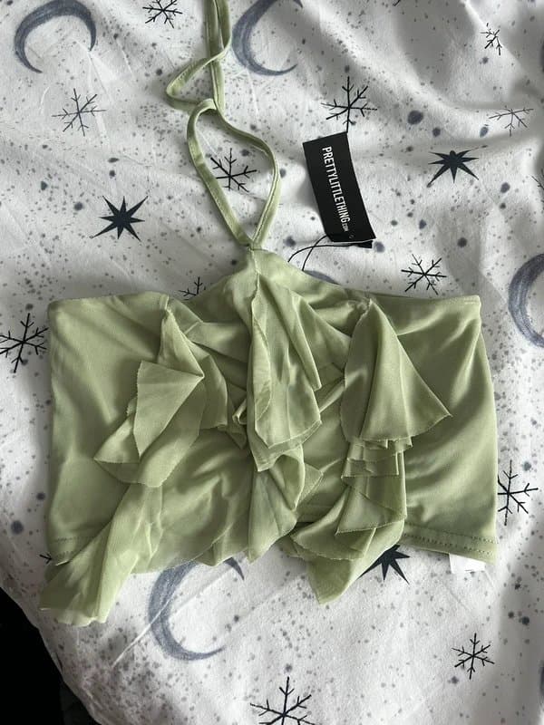 PrettyLittleThing Pretty little thing frill halter neck crop top in mint