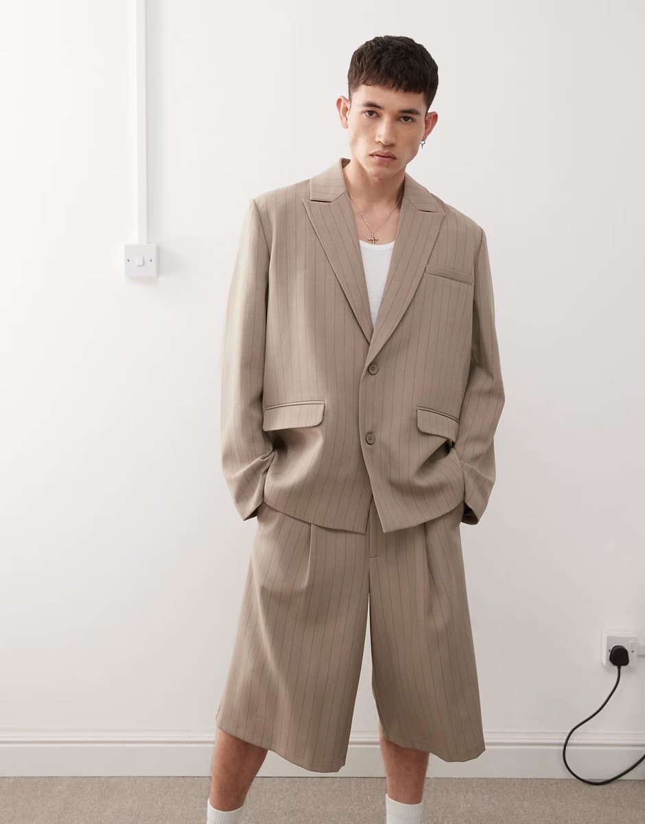 ASOS Reclaimed Vintage oversized summer blazer in beige pinstripe