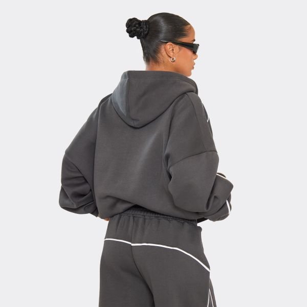 EGO Contrast Piping Detail Oversized Zip Up Hoodie In Dark Navy Blue, Women's Size UK 6 - 2