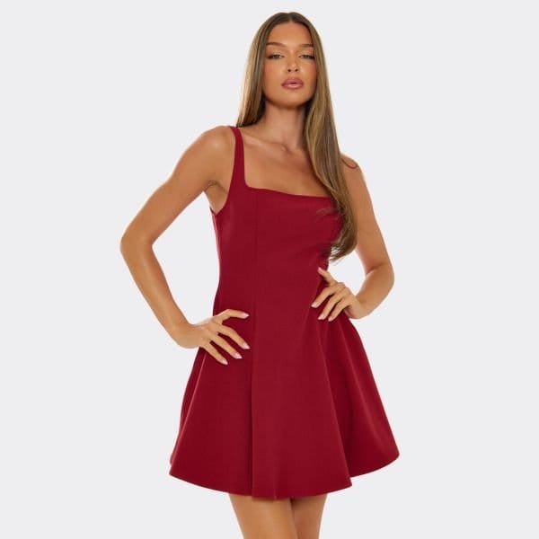 EGO Square Neck Pleated Hem Detail Mini Dress In Burgundy, Women's Size UK Small S - 1