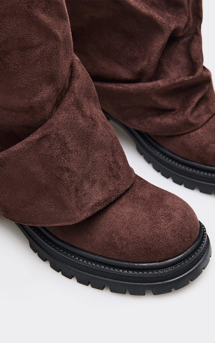 EGO Margot Layered Detail Knee High Long Biker Boot In Brown Faux Suede, Women's Size UK 3 - 2