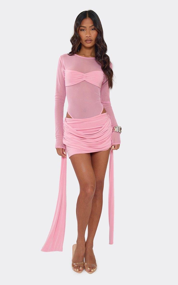 EGO Mid Waist Drape Side Mini Skirt In Baby Pink Slinky, Women's Size UK 6 - 2