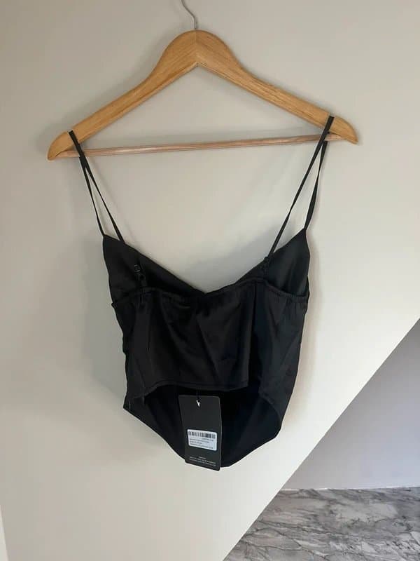 PrettyLittleThing PLT Pretty Little Thing Black Silk Satin Cropped Corset Cowel Neck Top Size 10 New with Tags