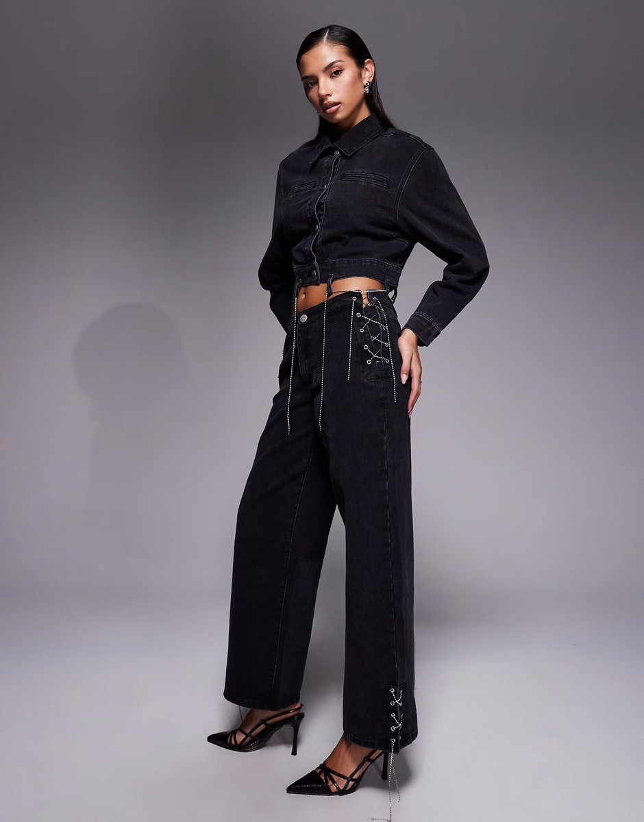 ASOS Liquor N Poker baggy chain detail jean co-ord in black - 3
