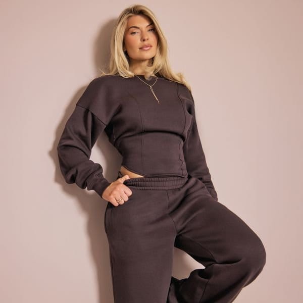 EGO Balloon Sleeve Boat Neck Cinched Waist Sweatshirt In Chocolate Brown, Women's Size UK 6 - 1