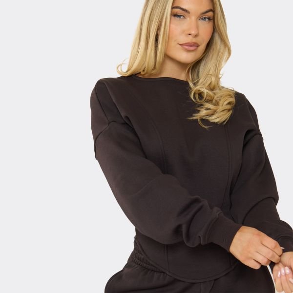 EGO Balloon Sleeve Boat Neck Cinched Waist Sweatshirt In Chocolate Brown, Women's Size UK 6 - 2