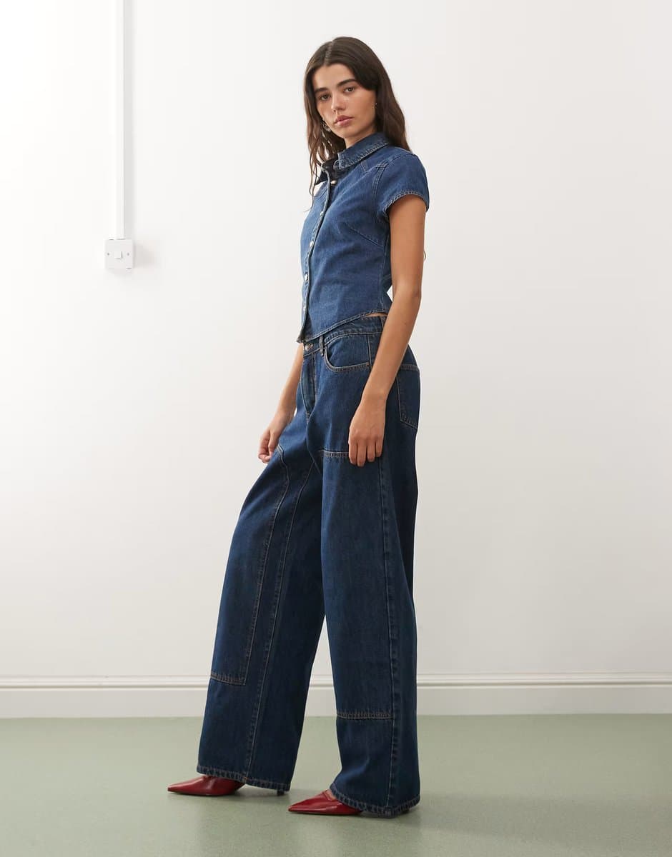 ASOS Lioness Varsity Blues collar detail short sleeve contrast stitch denim shirt and wide leg jeans co-ord in mid blue