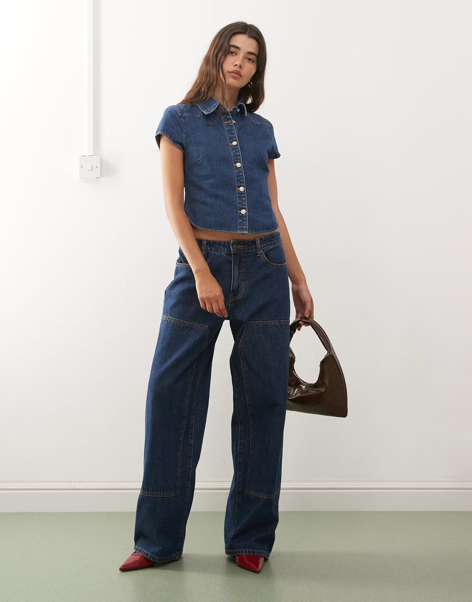 ASOS Lioness Varsity Blues collar detail short sleeve contrast stitch denim shirt and wide leg jeans co-ord in mid blue - 3