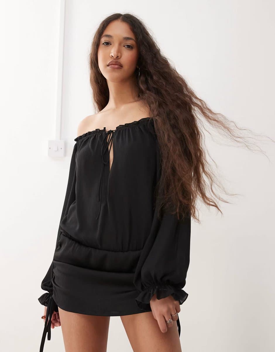 ASOS Lioness Sevigny bardot chiffon tie front ruched skirt mini dress in black