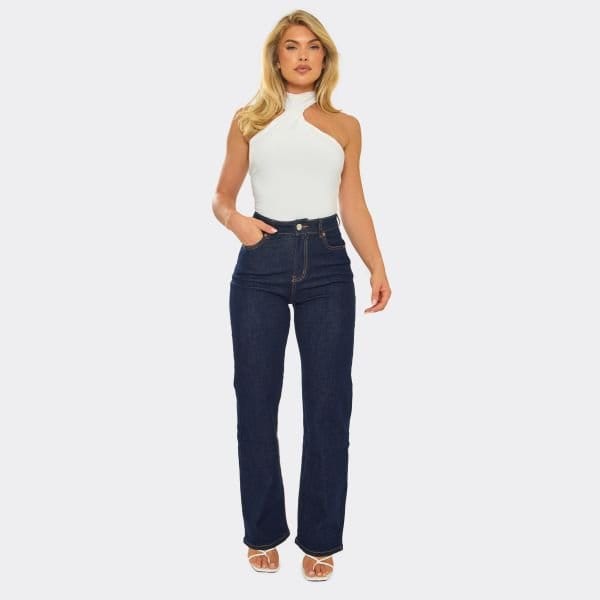 EGO Mid Rise Contrast Stitch Wide Leg Jeans In Indigo Blue Denim, Women's Size UK Large L - 1