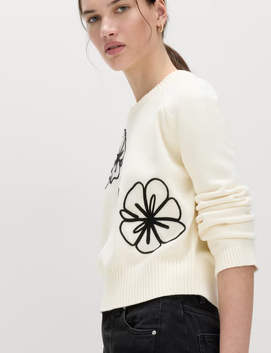 Marks & Spencer M&S Cotton Rich Embroidered Crew Neck Jumper White Mix - 4