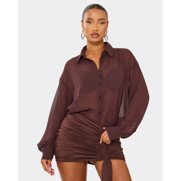 EGO Long Sleeve Oversized Sheer Shirt In Chocolate Brown Chiffon, Women's Size UK 6 - 2