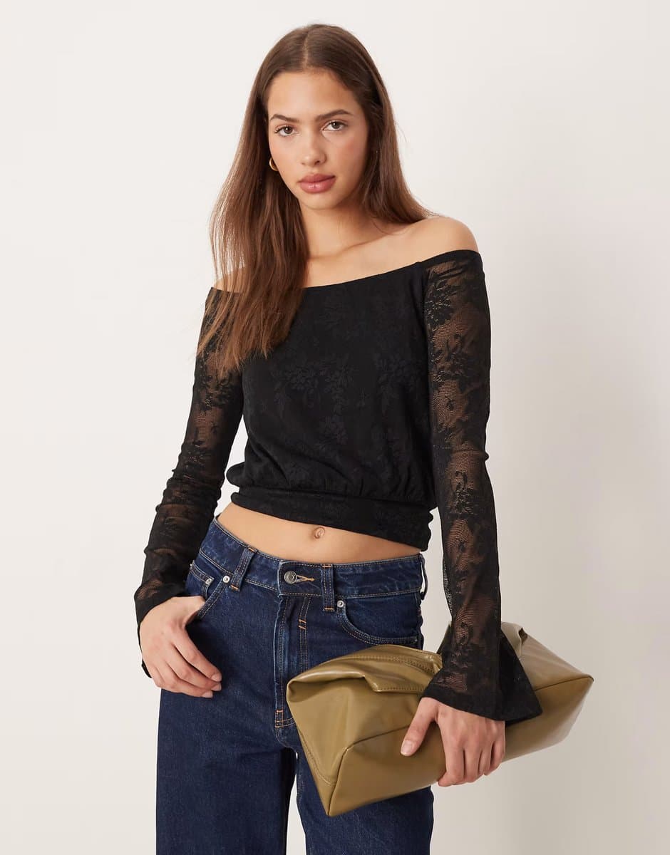 ASOS Gina Tricot off shoulder lace top in black