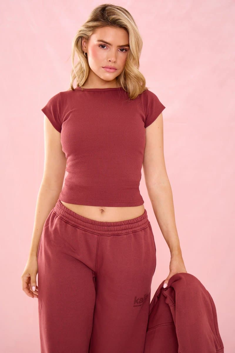 Kaiia Kaiia Ribbed Slash Neck Longline Baby Tee Toast