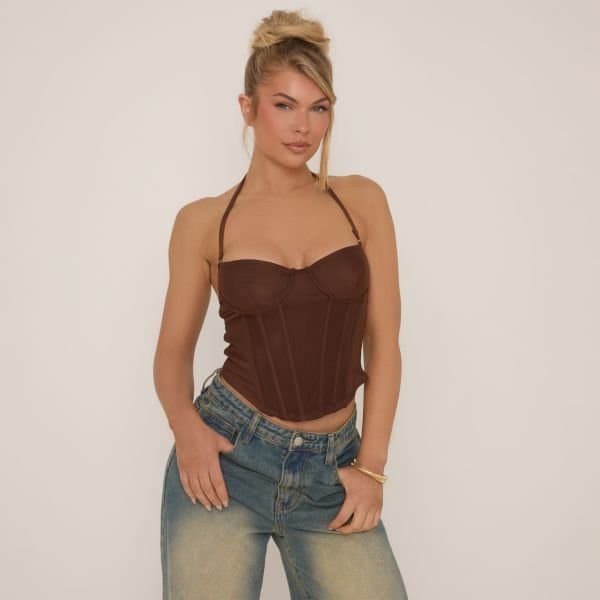 EGO Halterneck Dipped Hem Corset Top In Chocolate Brown Mesh, Women's Size UK 4