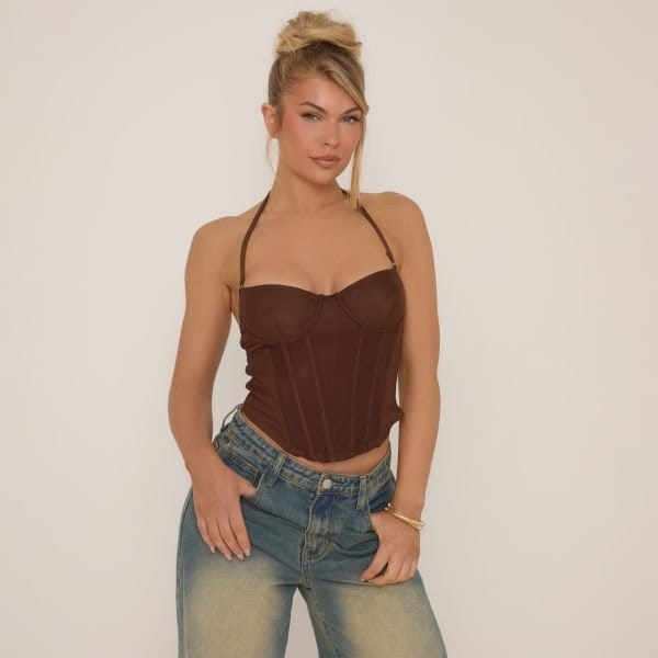 EGO Halterneck Dipped Hem Corset Top In Chocolate Brown Mesh, Women's Size UK 4 - 1