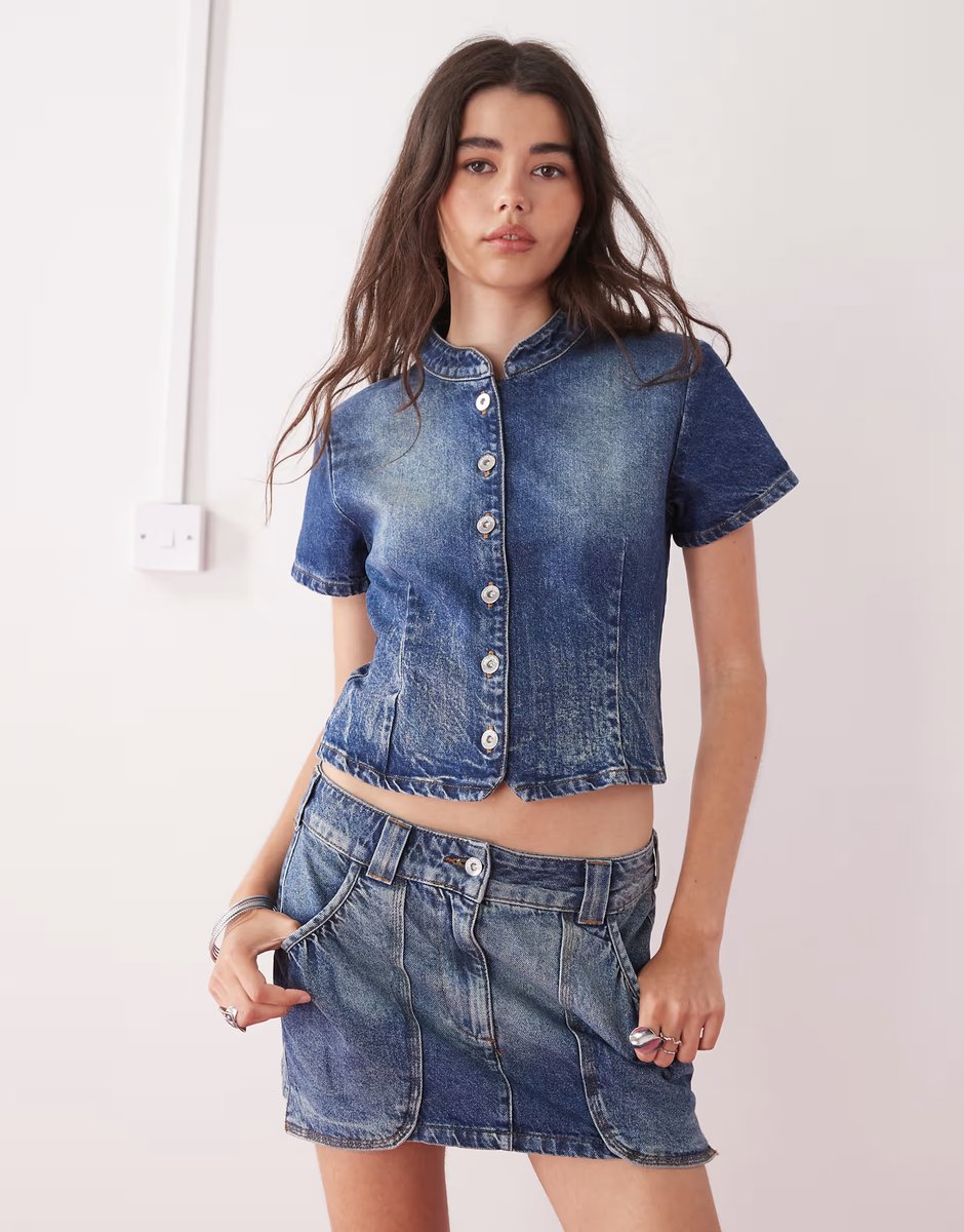 ASOS COLLUSION festival denim mini skirt co ord with pocket details in vintage wash - 1