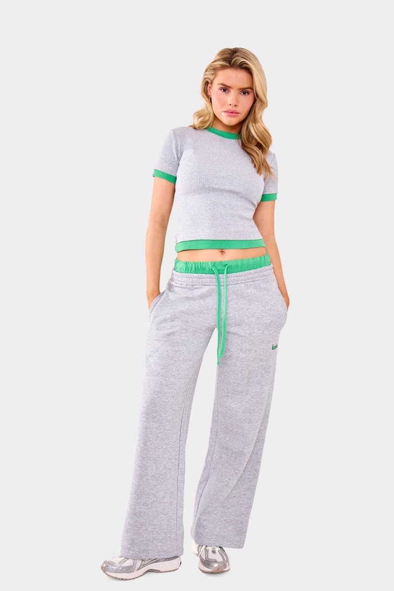 Kaiia Kaiia Double Waist Wide Leg Joggers Grey Marl & Green