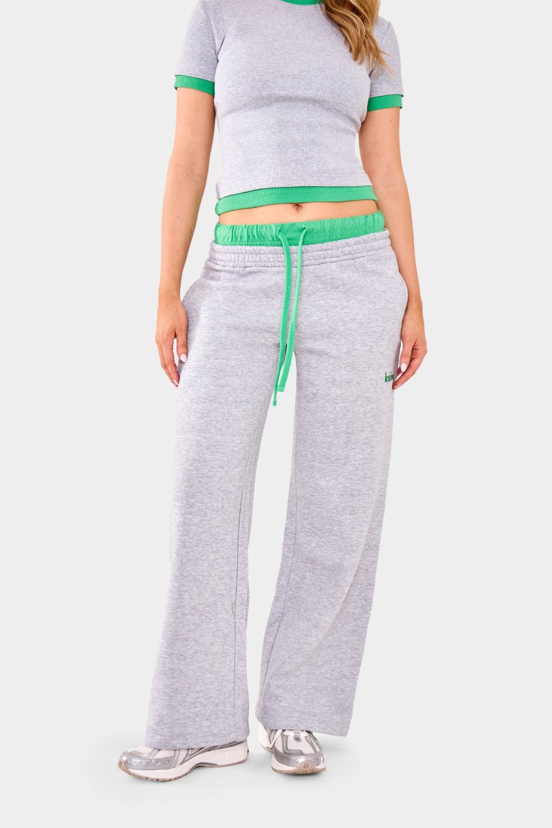 Kaiia Kaiia Double Waist Wide Leg Joggers Grey Marl & Green - 2