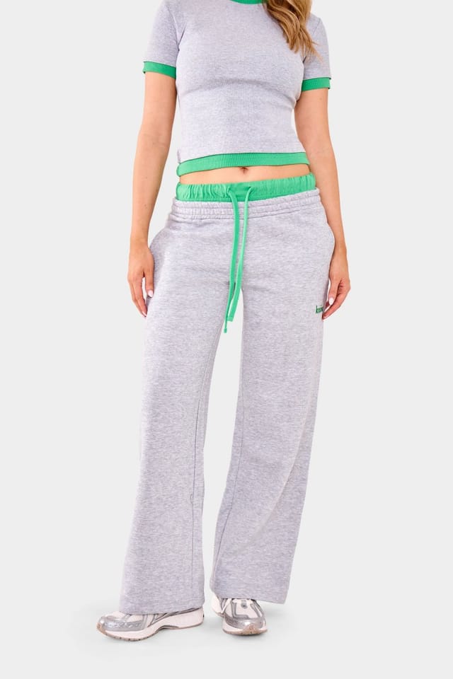 Kaiia Kaiia Double Waist Wide Leg Joggers Grey Marl & Green - 2