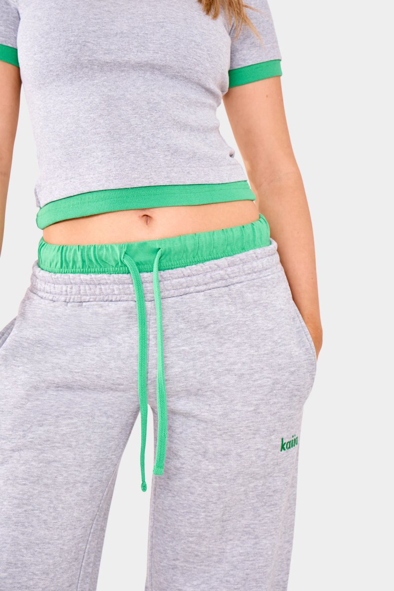 Kaiia Kaiia Double Waist Wide Leg Joggers Grey Marl & Green - 4